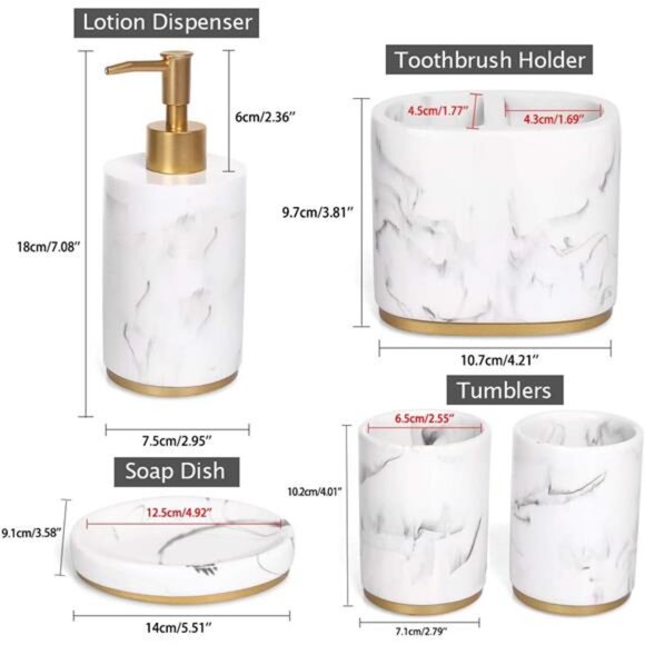 Bathroom Accessories Set, 5 Pcs Marble Look Bathroom Sets for Counter - Picture 3 of 8
